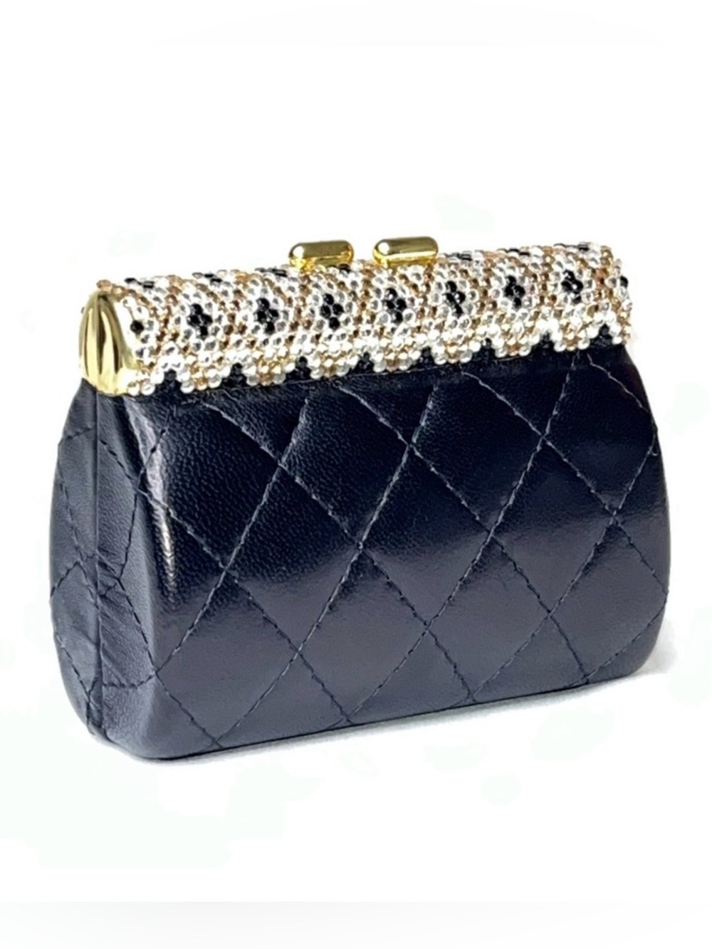 90s Beaded Rhinestone Clasp Quilted Black Leather Mini Bag Purse Chain Strap - Picture 1 of 16